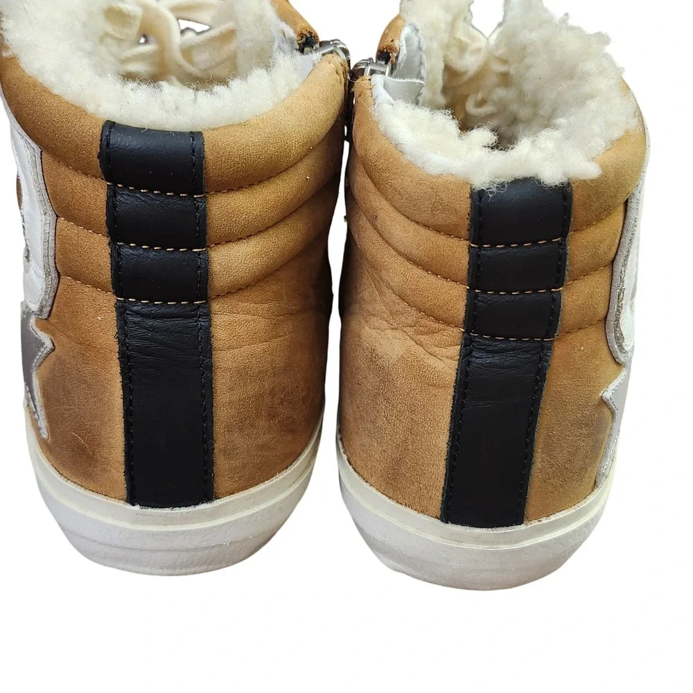 Golden Goose Slide Tan Suede Shearling Lined High Top Sneakers Silver Star 37